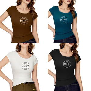 Camiseta de manga corta con cuello en V profundo para mujer, camiseta informal CVC 60% algodón 40% poliéster estampado de secado rápido para verano - Product Image 3