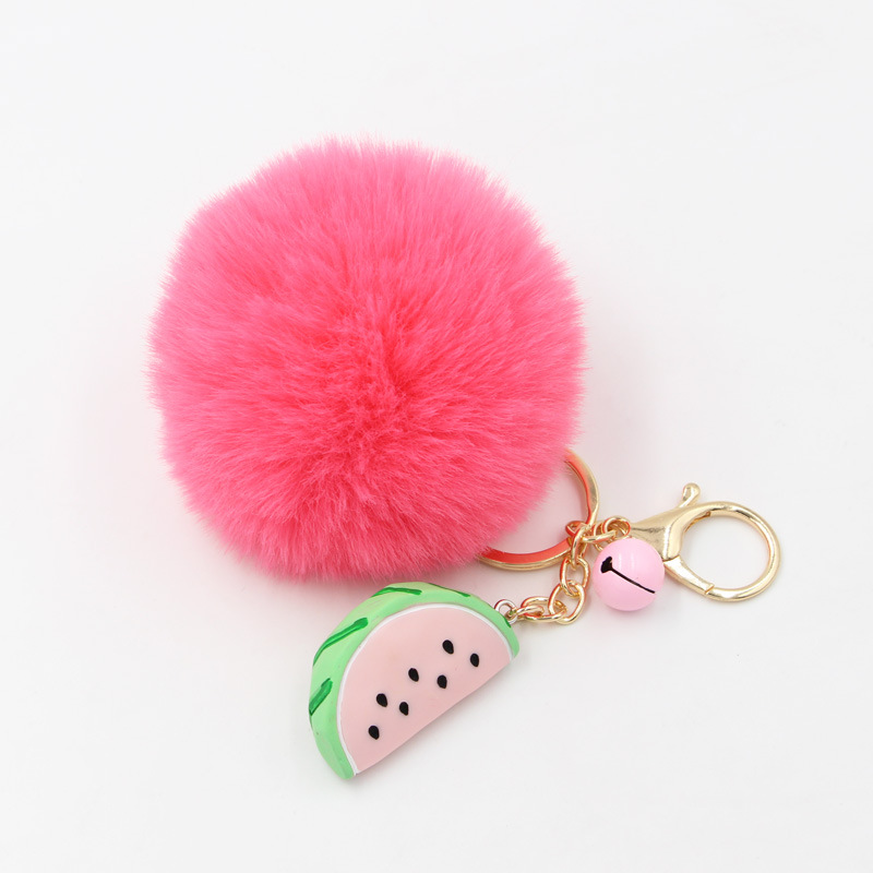 Llavero kawaii de pompón con bola de pelo de conejo falso, bolsa esponjosa, colgante, decoración de sandía