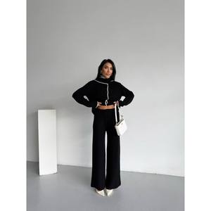 Mybeefashion Women's Black Shawl Collar Knitwear Two-Piece <b>Set</b> - Elegant Wool Blend Acrylic <b>Sweater</b> and Trousers Outfit - Product Image 4