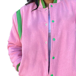 Blouson Bomber Unisexe Personnalisé en Laine Soie/Coton Rose Vert, Style Universitaire Grec, Streetwear, Imperméable, Printemps - Product Image 3