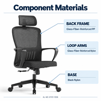 Chaise de bureau moderne à dossier haut en maille avec appui-tête, accoudoirs fixes, siège rembourré, base à cinq étoiles noire pour bureau de direction