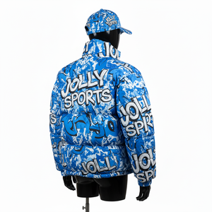 Chaqueta acolchada de poliéster de lujo 300GSM, diseño estampado azul vibrante, transferencia de calor, logotipo personalizado, ropa de moda, chaqueta acolchada para hombre - Product Image 5