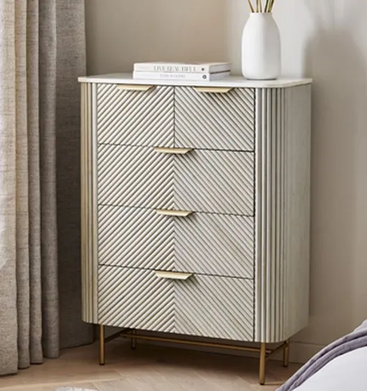 Meja kabinet kayu mangga putih dengan pegangan emas dan atasan marmer dasar untuk furnitur ruang tamu di rumah