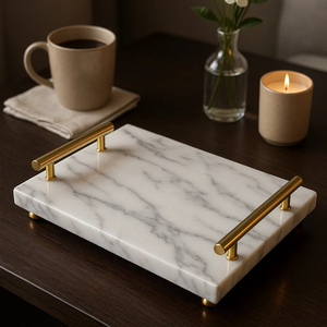 Plateau de service moderne en marbre blanc Poignées en laiton doré Pieds boule Plateau rectangulaire élégant pour la décoration intérieure Rotation jetable - Product Image 6