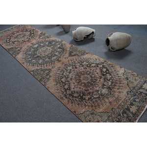 3.3x12.7 ft Vintage Rug, Turkish Runner Rug, <b>Brown</b> Blue Moroccan <b>Wool</b> Rug - Product Image 4