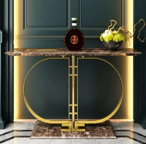 Table de console chic en marbre avec une base en métal doré en forme de croissant et de sphère, disponible au prix de gros - Product Image 5