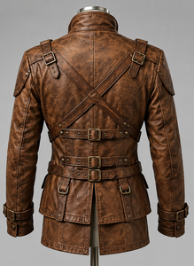 Veste en cuir pour homme à double boutonnage avec col montant et chaînes - Product Image 4