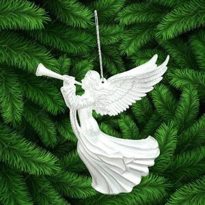 Décoration de Noël et du Nouvel An, peinture or mat, blanc, argent, or champagne, paillettes acryliques, ange volant 3D, jouant de la corne, ornement - Product Image 6