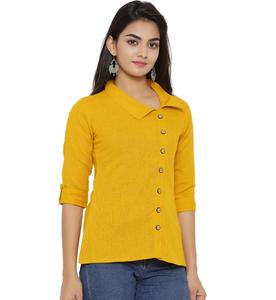 Blusas Casuales de Mujer con Estampado Sólido, Manga 3/4, Algodón Ligero y Cuello con Pliegues, Blusas de Verano de Color Amarillo, Moda al por Mayor - Product Image 4