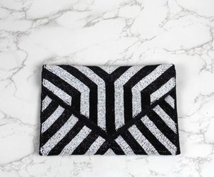Luxury Black and <b>White</b> Beaded <b>Crossbody</b> Clutch Crystal and Rhinestone Striped Pattern Evening <b>Bag</b> for Parties - Product Image 3