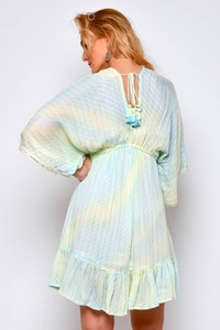 เดรสสั้นดีไซเนอร์สำหรับผู้หญิงชุดเดรสสั้นเอวสูงผ้าเรยอนลูเร็กซ์แขนสั้นพร้อมลูกไม้ชุดเดรสคอวีสำหรับงานปาร์ตี้และรีสอร์ตลำลอง - Product Image 5