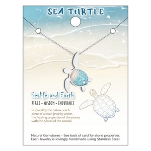 Collier en acier inoxydable avec pendentif tortue de mer, pierres précieuses, pierres brisées, turquoise, collier tortue - Product Image 6