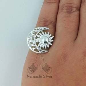 Silver Sun <b>Moon</b> <b>Ring</b> Handmade 925 Sterling Silver Boho Jewelry Celestial Gift for Her Inlaid Crescent <b>Moon</b> <b>Ring</b> - Product Image 2