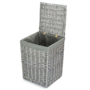 Double Tiers Grey Wash Square Willow Foldable Laundry <b>Basket</b> with Faux Leather Accents Grey Sage Liner for Cleaning Bathroom Use - Product Image 5