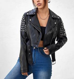 Veste en cuir PU matelassée et tissée, effet peau de mouton, avec rivets, pour femme, coupe-vent et respirante, collection automne 2024, personnalisable pour l'extérieur - Product Image 4