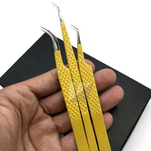 Pince à épiler d'extension de cils en acier inoxydable japonais de haute qualité avec logo personnalisable pointes pointues en fibre de volume jaune durable - Product Image 4