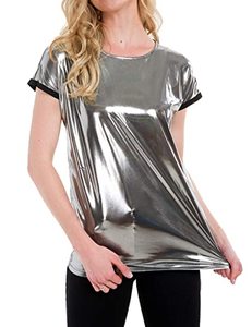 Último Modelo 2026 Camisetas de Cuero Color Plateado de Alta Calidad, Camisetas de Manga Corta para Mujer, Camisetas de Cuero Genuino - Product Image 2