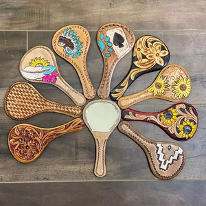 Espejo de mano de cuero genuino pintado a mano, cubierta occidental de maquillaje de tarjeta, espejo de mano, diseño Vintage, regalo perfecto para esposa - Product Image 4