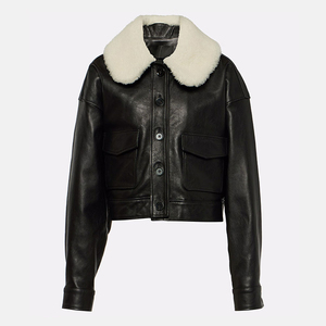 2026 New Crop Style Genuine <b>Leather</b> <b>Bomber</b> <b>Jacket</b> Shearling Collar <b>Women</b> <b>Leather</b> <b>Jacket</b> Good Quality With Customized Serviced - Product Image 2