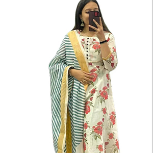 Lourd concepteur coton imprimé Zari séquence miroir travail grande taille mariage et fête Kurti et pantalon ensemble robe de Style indien de l'Inde - Product Image 1