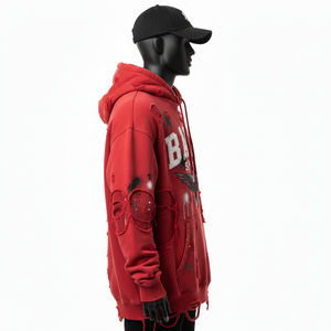 เสื้อฮู้ดดี้ผ้าฝ้ายฟลีซ 350 GSM สีแดง แต่งรอยขาด สไตล์สเปรย์ นุ่ม อุ่น สกรีนโลโก้ปักเองได้ เสื้อฮู้ดดี้พื้นฐาน - Product Image 4