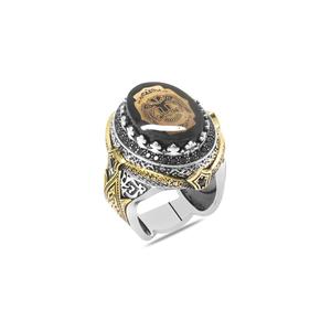 Anello da uomo in argento Sterling 925 con modello di aquila su pietra ambra pressata nera - Product Image 1