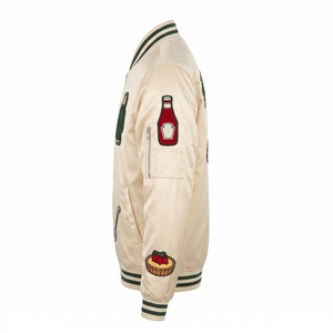 Custom Bomber <b>Jacket</b> <b>Men</b> MA-1 <b>Flight</b> Satin Cream Forest Green Chenille Patches Embroidered Custom Logo OEM Streetwear - Product Image 4