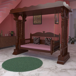 Columpio Tradicional de Madera con Toldo y Cojín Rosa, Mueble para Interiores y Exteriores, Diseño Artesanal - Product Image 1