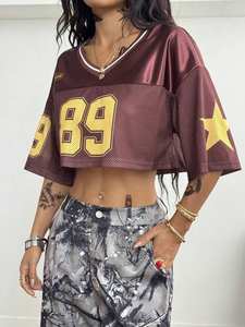 Maillot de football américain court femmes maille col en v haut Hip Hop bordeaux jaune surdimensionné manches courtes Streetwear t-shirt football - Product Image 2