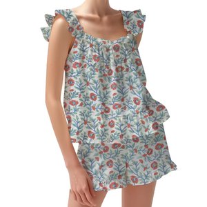 Conjunto de pijama con estampado de bloques de algodón hecho a medida, conjunto de pijama con mangas ajustadas florales de verano/otoño - Product Image 1