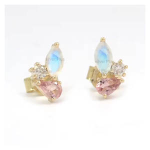 14K โซลิดโรสโกลด์มูนสโตนแท้และทัวร์มาลีนพลอยประดับเพชรต่างหูสตั๊ดผู้ผลิตเครื่องประดับจัยปุระ - Product Image 3