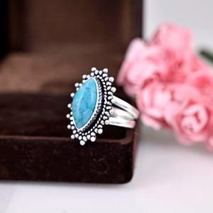 Classical Women's 925 Sterling <b>Silver</b> Rhodium <b>Boho</b> Style Turquoise Gemstone Handmade Wedding Engagement <b>Ring</b> for Party - Product Image 2