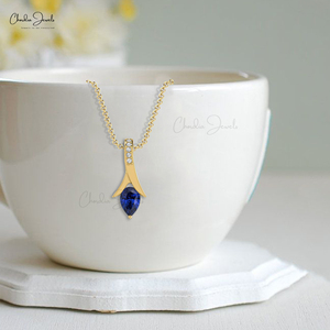 Pendentif délicat en diamant taille brillant G-H de 0,9 mm avec sertissage clos de 6x4 mm, collier en saphir bleu, or massif 14 carats, bijoux personnalisés - Product Image 6