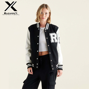 ELEVATEX Women's Varsity Jacket Black White Letter R Front Full Sleeve Turn-down Collar Polyester Cotton Autumn Wear - Product Image 2