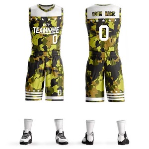 Ensembles d'uniformes de basketball d'été pour hommes, personnalisés, respirants, à séchage rapide, de haute qualité, imprimés numériquement, camouflage, 100 % polyester - Product Image 3