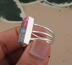 Rectangular Pink Copper Turquoise <b>Ring</b> 925 Sterling Silver Handmade <b>Ring</b> Multi Band <b>Ring</b> Women's Anniversary Gift - Product Image 4