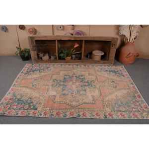 <b>Vintage</b> 4.5 X 7.2ft Turkish Wool <b>Rug</b> Beige & Blue Patchwork Flat Weave for Living Room Decorations with Latex Backing - Product Image 4