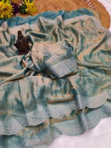 Conjunto de Sari de seda Tibby a granel, blusa de seda Benglori bordada con lentejuelas y encaje, combo de Sari de seda de lujo. - Product Image 3