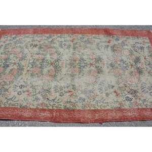 Alfombra turca Vintage Rectángulo grande 3,6X6,6 pies Clásico Rojo Beige Patrón de retazos abstracto Látex de lana para uso en el pasillo de adolescentes - Product Image 3