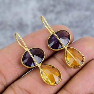 Amethyst & <b>Citrine</b> 925 Sterling Silver Gold Plated Oval & Pear Gemstone <b>Earrings</b> Wire <b>Earrings</b> for Women <b>Earrings</b> Gift for Her - Product Image 4