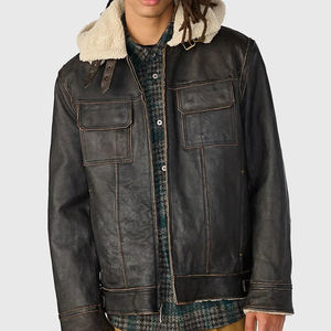 Veste en cuir avec col montant en laine, veste décontractée d'hiver pour homme, manteau imperméable en fourrure de mouton, style aviateur d'hiver pour homme - Product Image 1
