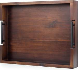 Plateau ottoman en bois d'acacia fait à la main poignées en métal fabricant de stockage décoratif rustique aliments boissons petit déjeuner fabricant indien - Product Image 3