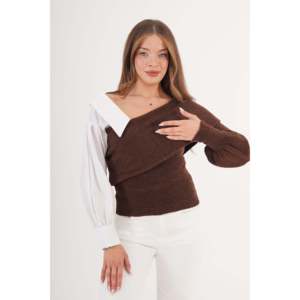 Conjunto de Suéter Color Café para Mujer, Mitad Camisa, Mitad Tejido, Disponible para Venta al Por Mayor - Product Image 3