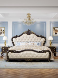 Victorian Style Sleigh <b>Bed</b> Solid Wood Hand Carved Tufted Upholstery King Size Soft <b>Bed</b> - Product Image 1