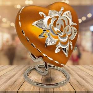 Classic Heart Shape Keepsake Urn <b>for</b> Human <b>Ashes</b> with <b>Box</b> and Stand - Bright Yellow Color with Diamond Cut Design 7 Cms High - Product Image 5