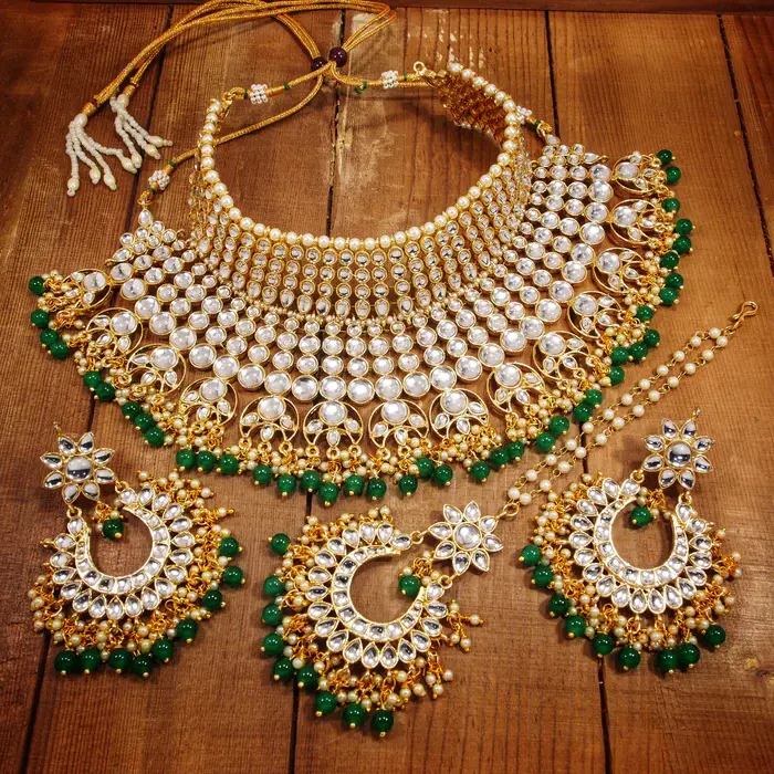 Etnische Groene Smaragd Vergulde Kundan Sieraden Set Luxe Ketting Vintage Diamant Wedding Sets Indiase Bruids Kundan Sieraden