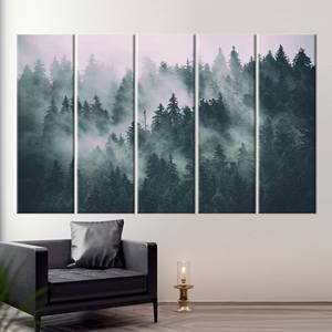 Obra de arte impresa en lienzo: Paisaje de montaña y bosque con niebla, 5P: Enmarcado tipo galería - Product Image 1