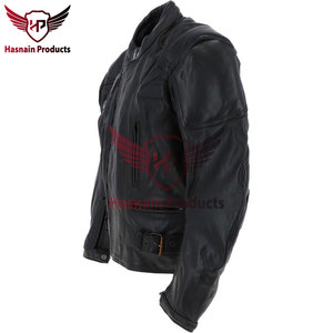 Blouson de moto en cuir véritable noir pour homme, col montant, avec boucle, fabricant OEM ODM - Product Image 2