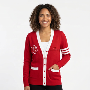 Cardigan Vintage Rouge à Col en V en Maille Mélange Cachemire Double Boutonnage avec Broderies et Poches Manches Longues pour Femmes de Sororités Universitaires - Product Image 1