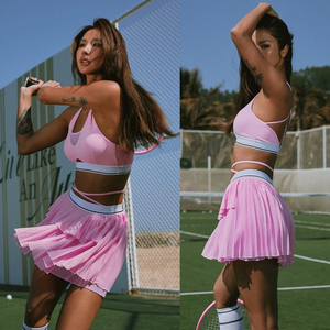 Qualité supérieure Filles Maille Tennis Jupe Ensemble Sexy Croix Dos Nu Sport Soutien-Gorge Double Couche Rides Jupe Badminton Sportswear Costume - Product Image 3